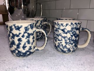 Set Of 6 Vintage Folk Craft HEARTS Blue Sponge Coffee Cup Mug Made by Tienshan 3