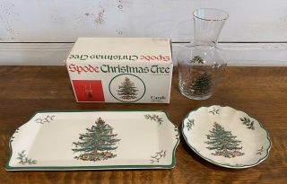 Spode Christmas Tree Candy Nut Dish & Carafe Scalloped Edge Bowl Tray Plate