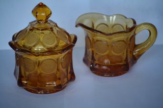 Vintage Amber Fostoria Coin Art Glass Cream & Sugar Set