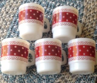 5 Vtg Anchor Hocking Fire King Red White Polka Dot Lace Design Coffee Stackable
