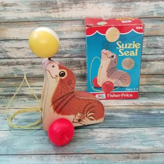 Vintage 1978 Fisher Price Suzie Seal Wooden Pull Toy 694 Box
