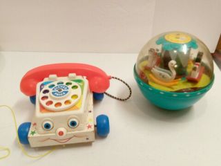 Vintage 1961 Fisher Price Chatter Telephone 747 & Roly Poly Chime Ball 165