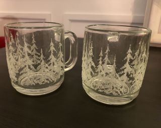 Set Of 2 Vintage Libbey Frosty Pines 3 1/2” Tall Glass Coffee Mugs Winter Scene