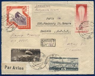 Russia: 1935 Registered Air Mail Cover To Paris W/c16,  C18,  C37 - Graf Zeppelin
