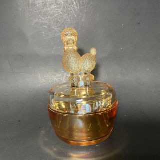 Jeanette Glass Poodle Powder Jar Trinket Vanity Box Marigold Carnival Vintage