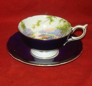 Vintage Aynsley China England Bluebell Time Floral Teacup & Saucer Cobalt Blue