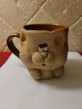 Vintage Art Pottery Stoneware Cat Face Mug