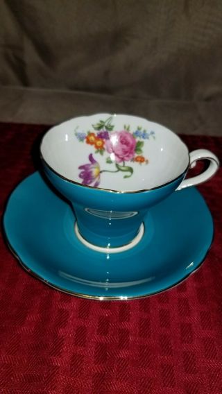 Vintage Aynsley Teacup And Saucer Corset Style Turquoise With Flowers England