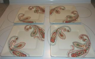 4 Tabletops Gallery Multi Paisley Square Salad Plates 8 1/4”