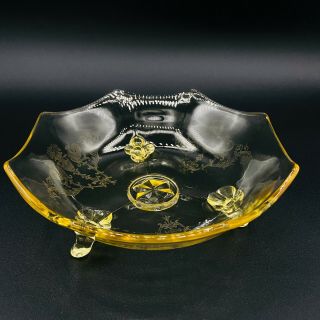 Vtg Lancaster Topaz Yellow Depression Glass Etched Candy/nut Footed Bowl - 7 "