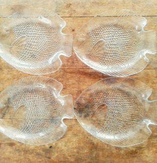Arcoroc France Clear Glass Fish Plates Set Of 4,  10 " X 8 "