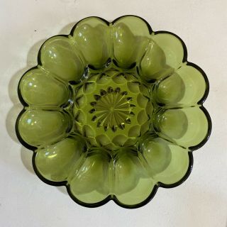 Vintage Green Glass Deviled Egg Serving Dish Tray Cut Glass Star