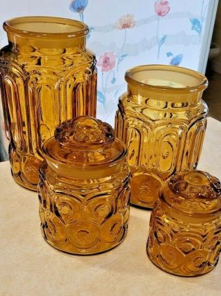 Vintage Le Smith Amber Glass Moon/stars Canisters - Set Of 4 - Missing 2 Lids