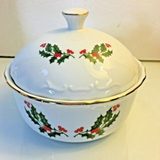 Kashima Christmas Holly Fine Porcelain Japan Candy Dish With Lid Gold Trim