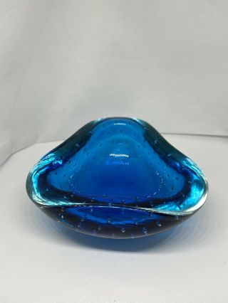 Vintage Venetian Murano Style Italian Blue Bulliconte Art Glass Triangle Dish