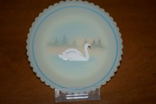 Fenton Hand Painted Swan On A Lake Custard Glass Miniature Plate Iob