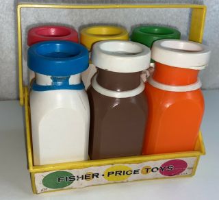Vintage 1966 Fisher Price Milk Carrier Bottles W Caps & Carrier W Handle 637