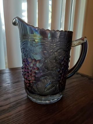 Imperial Glass Pitcher Smoke Amethyst Carnival Iridescent Grape Leaf 6” Tall
