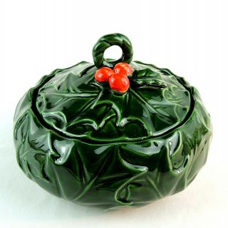 Vintage Lefton Christmas Holly Berry Hand Painted Green Candy Dish With Lid Euc