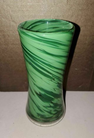 Vintage Handblown Art Glass Vase Dark Green With Light Green & Clear Swirls