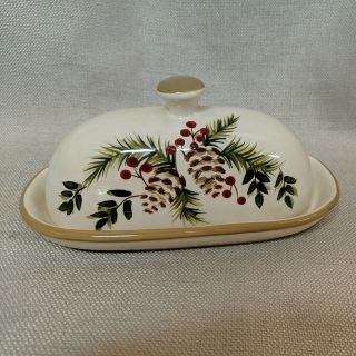 Christmas Lidded Butter Dish W/ Handpainted Pinecones