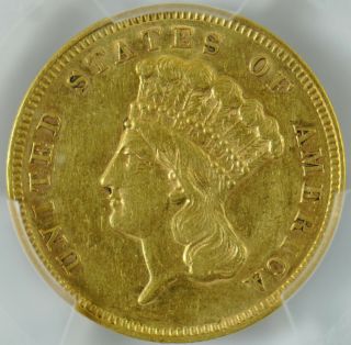 1856 S $3 Small S AU53 Indian Princess Three Dollar Gold Piece PCGS Scarce 2