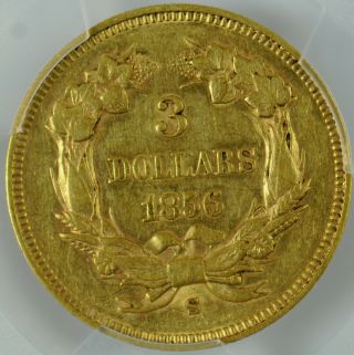 1856 S $3 Small S AU53 Indian Princess Three Dollar Gold Piece PCGS Scarce 3