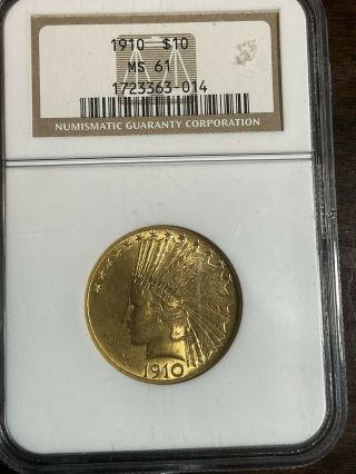 1910 Us Gold $10 Indian Eagle - Ngc Ms61