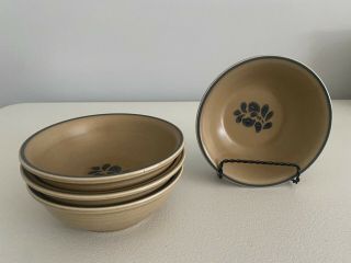 Pfaltzgraff Folk Art Tan & Blue 5 - 1/2 " Soup/cereal Bowls - Set Of 4 - Usa Made