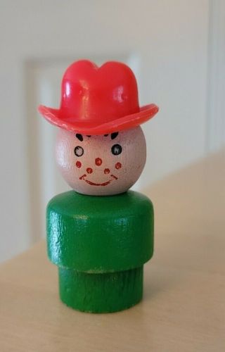 Htf Vintage Fisher Price Little People All Wood Green Cowboy W/red Hat/freckles