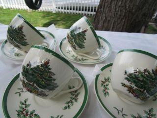 Set Of 4 Spode Christmas Tree Cups & Saucers Green Trim Pattern S3324