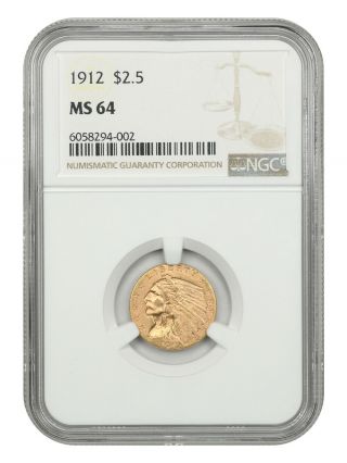 1912 $2 1/2 Ngc Ms64 - Slightly Better Date - 2.  50 Indian Gold Coin