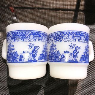 2 - Vintage Fire King Anchor Hocking Blue Willow Asian Milk Glass Coffee Cups/mugs