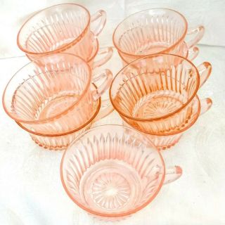 9 Pc Set Vintage Anchor Hocking Queen Mary Pink Depression Glass Cups Ribbed Usa