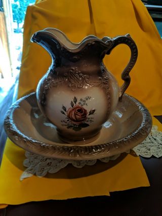 Vintage Large Arnels Pottery Water Pitcher And Basin Bowl Set Tan Floral