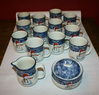 Thomson Pottery China Blue Snowman Sugar & Creamer Set W/ 12 Mugs