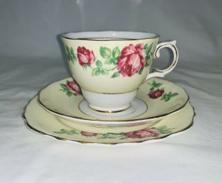 Colclough - Yellow Trio (cup,  Saucer & Plate) With Pink Cabbage Rose.
