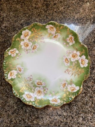 Limoges Elite France Hand Painted Plate Green With White Flowers And Gold