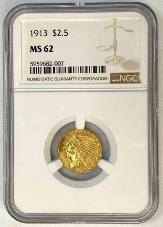 1913 Indian Head Quarter Eagle $2.  5 Gold Ngc Ms62 Near Choice Uncirculated Bu