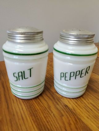 Vintage Hazel Atlas Salt & Pepper Shakers Green Stripe Milk Glass Range Set