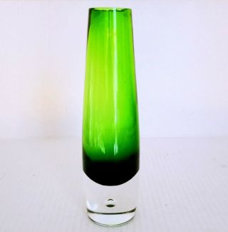 Vintage Hand Blown Green Controlled Bubble Art Glass Cylinder Bud Vase 8” Tall