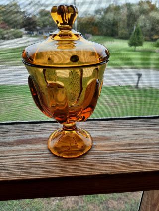 Vintage Amber Viking Art Glass Pedestal Footed Compote Candy Dish & Lid Mcm 70 