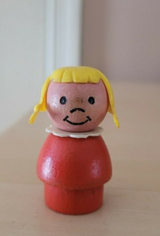Htf Vintage Fisher Price Little People All Wood Red Girl Yellow Hair/pigtails