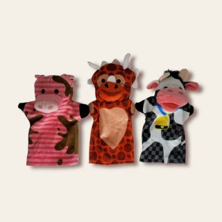 Set Of 3 Melissa And Doug Farm Friends And Dragon Hand Puppets Pig Cow Dragon