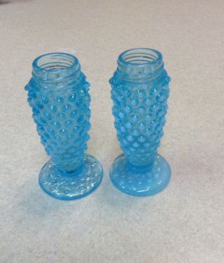 Fenton Art Glass Blue Opalescent Hobnail Pair Salt/pepper Shakers No Lids
