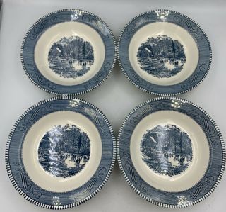 Set Of 4 Vintage Currier And Ives Early Winter Soup Bowls 8.  5” In Diameter