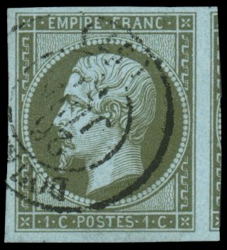 France 1860 1c Olive Green On Pale Blue 12 Ample To Oversized Margins Show
