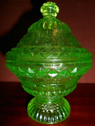 Green Vaseline Glass Wildflower Pattern Covered Candy Dish Uranium Butter Floral