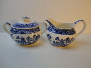 Antique Blue Willow Creamer And Lidded Sugar Bowl Set