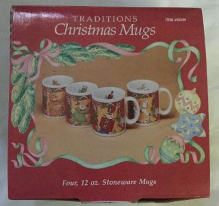 Sakura Inc.  Vintage Christmas 1992 Set Of 4 Stoneware Mugs 12 Oz.